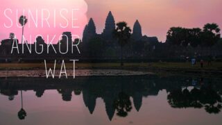 featured image for sunrise at Angkor Wat - Pink sun rise over the main temples with text over