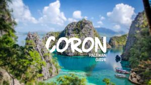 Coron Palawan Philippines Guide - View of iconic viewpoint from Coron Island lwith calm bar and aqua colored water and tall cliffs
