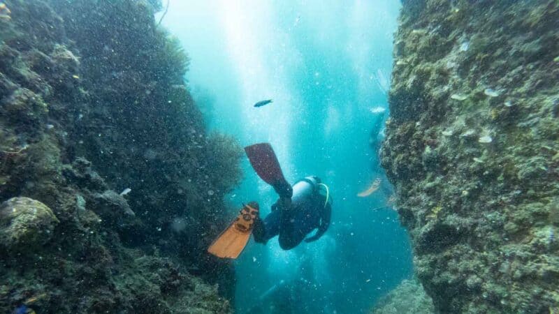 Diver swimming underwater in El Nido near Miniloc island