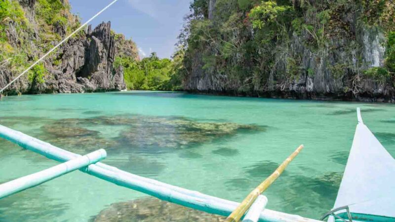 view of the Large Lagoon in El Nido from a Traditional Filipino Boat - Palawan Philippines