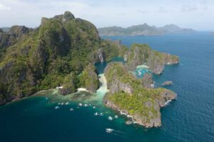 Drone photo showing Miniloc Island and small and big lagoons during an El Nido Day Trip A