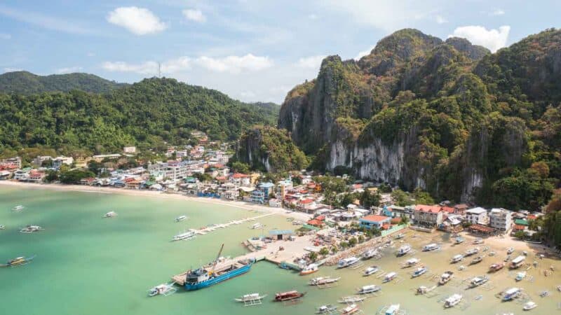 Drone view of Taraw Peak from the bay overlooking El Nido Town at the top of the Palawan