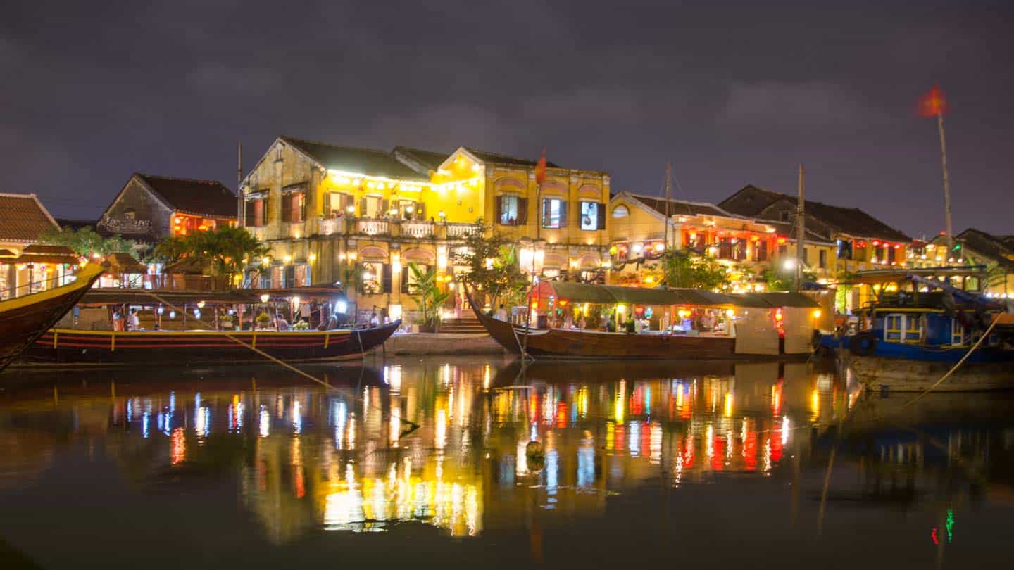 Hoi An at night during the full moon Lantern Festival reflections of