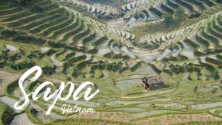 featured image for Sapa Vietnam Travel and Trekking guide - Rice terraces with a small hut and text over image