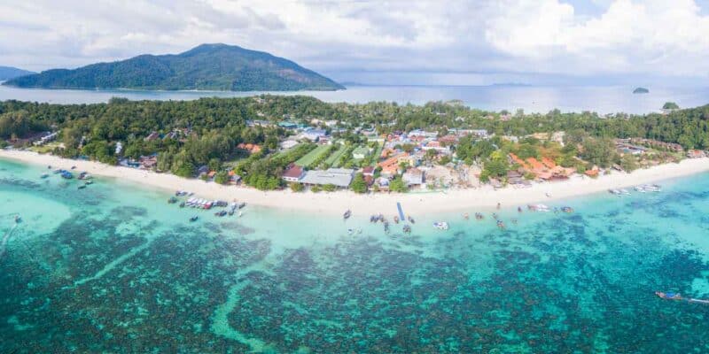 Pattaya Beach on Koh Lipe aerial photo with shore and boats