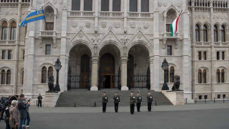 The changing of the guard at the Budapest Parliament building