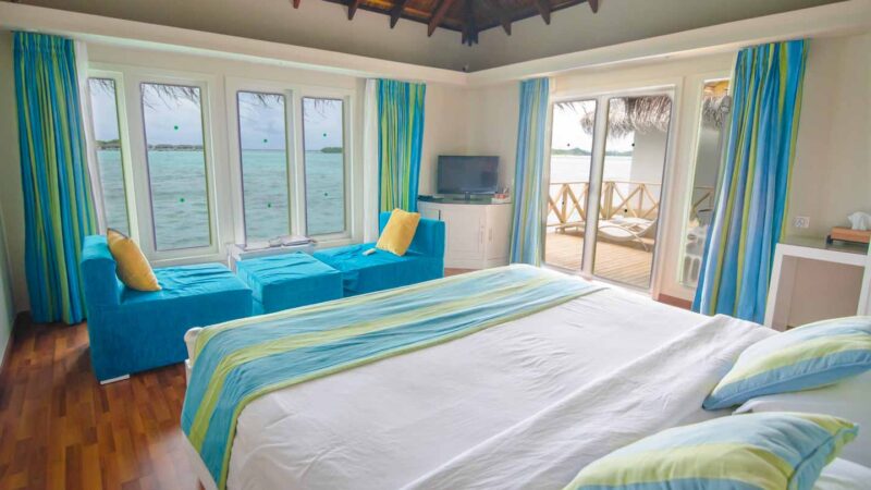 view inside the room of an overwater bungalow at Cinnamon Dhonveli Maldives