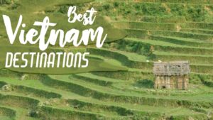 Vietnam destinations featured mage of a rice paddy with a wooden shack with text over the photo