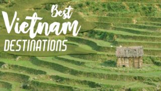 Vietnam destinations featured mage of a rice paddy with a wooden shack with text over the photo