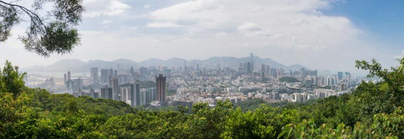 Panorama from Lion rock hike in Hong Kong over looking Kowloon and hong kong island