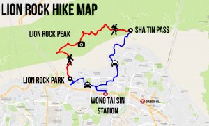 Map to reach the top of Lon Rock in Hong Kong with walking and taxi directions