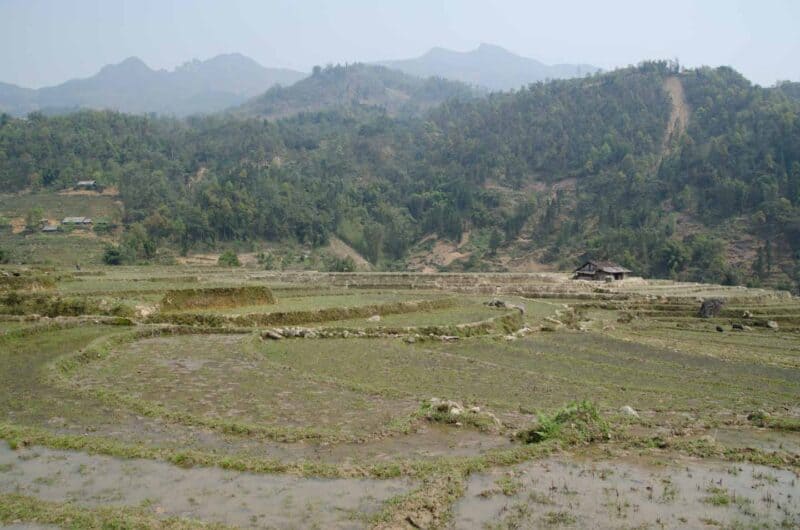 view of mountains and rice paddies in Da Lat Vietnam