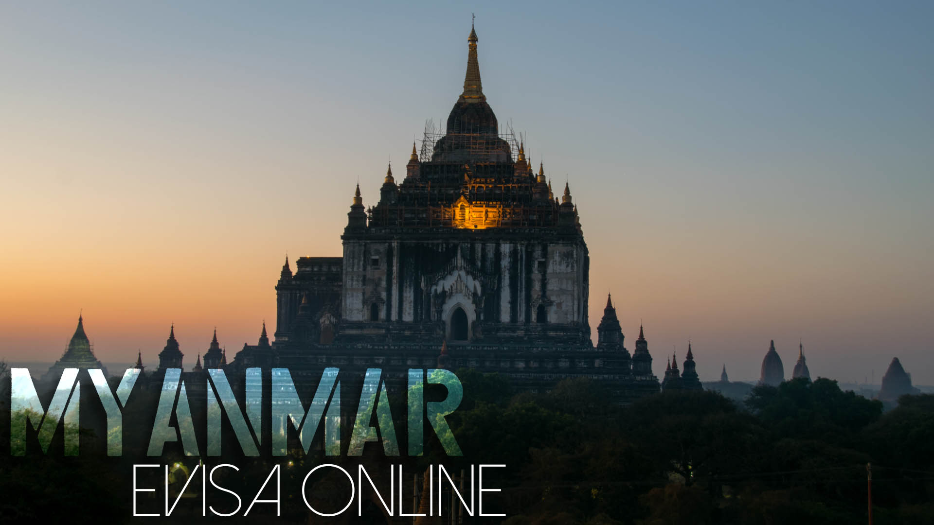 Featured image with text Myanmar Evisa online - Sunrise over temples of Bagan