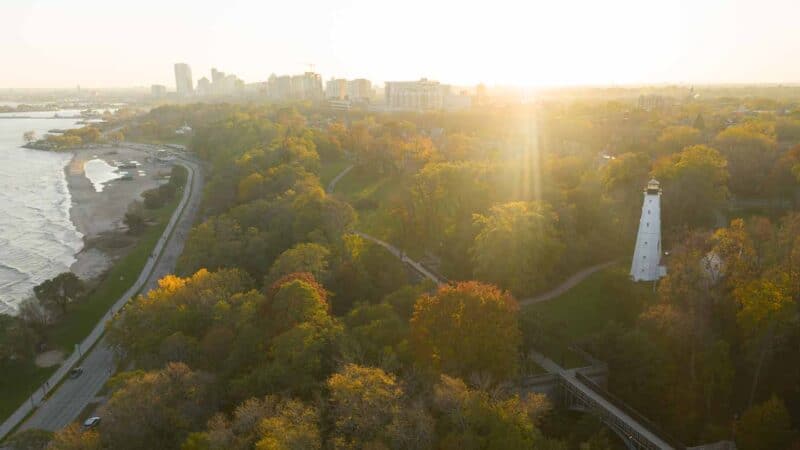 Drone View of North Point lighthouse - historical attractions in Milwaukee