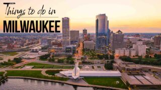 aerial drone view of Milwaukee Wisconsin - featured image for Things to do in Milwaukee with black text over
