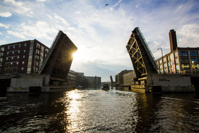 Third Ward Milwaukee bridge opening on the river