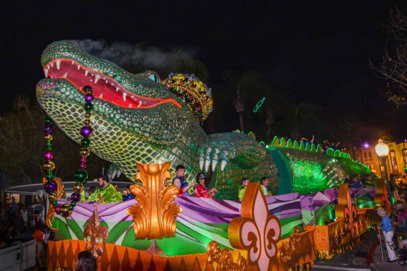 Alligator float at Universal Orlando Mardi Gras Parade