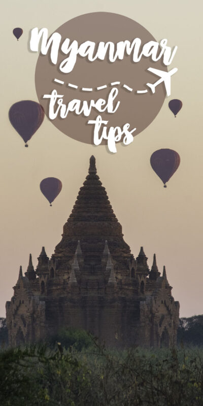 Myanmar temple at sunrise with hot air balloons - text reads Myanmar travel tips