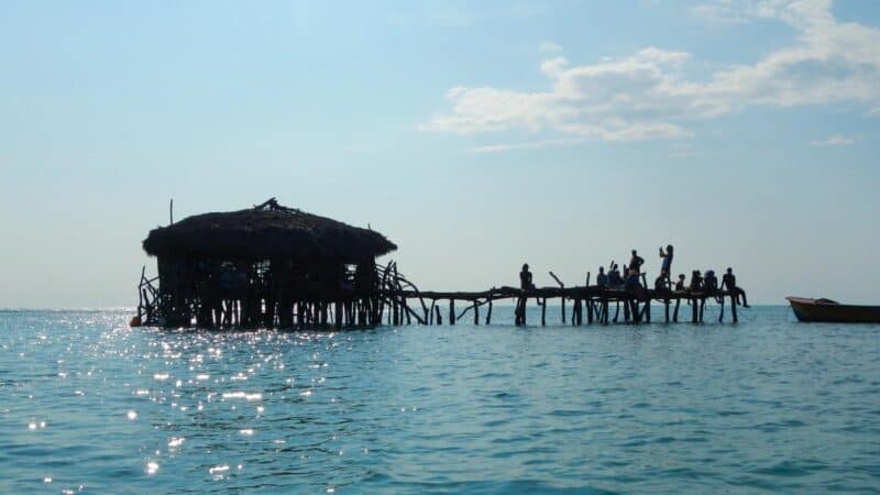 The Pelican bar in Jamaica silhouetted in the later afternoon