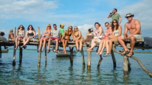 Group of people on a day trip tour to the Pelican Bar in southern Jamaica