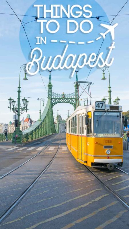 Tram crossing the liberty bridge in Budapest 