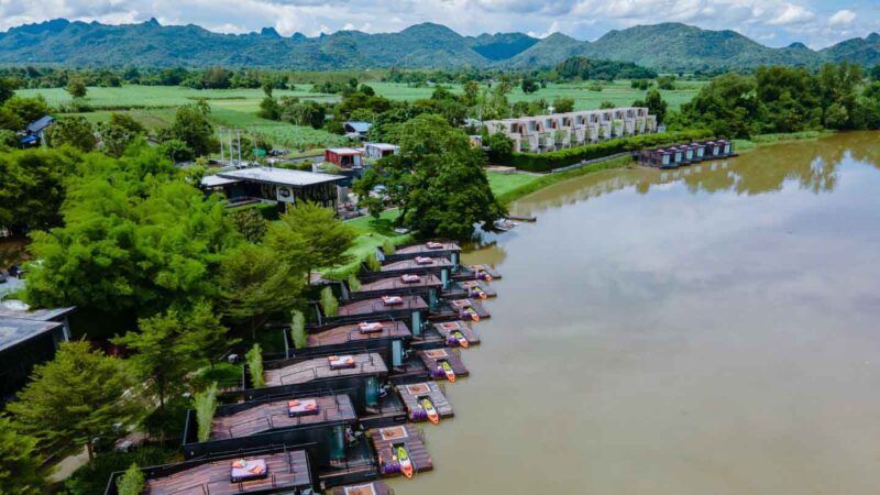 Aerial view of Cross River Kwai Huts over the water in Thailand