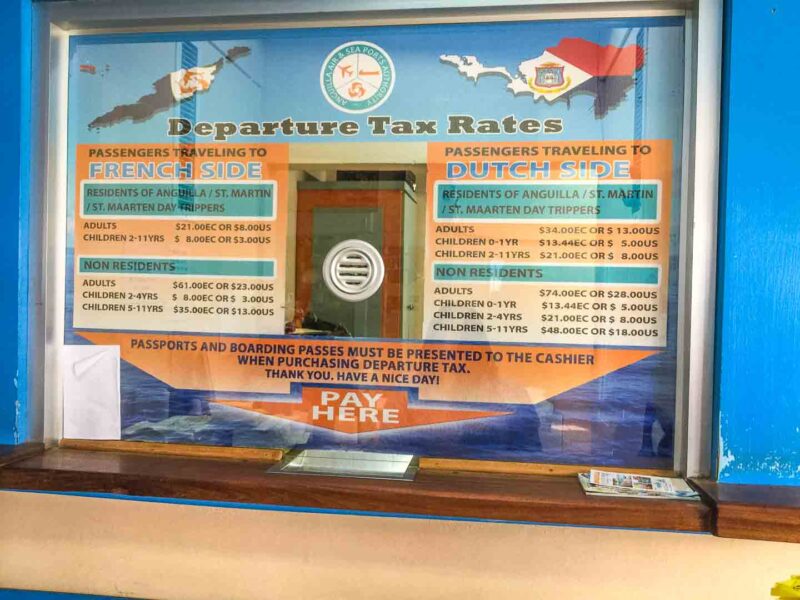 Anguilla departure tax rates window at Anguilla Ferry terminal 