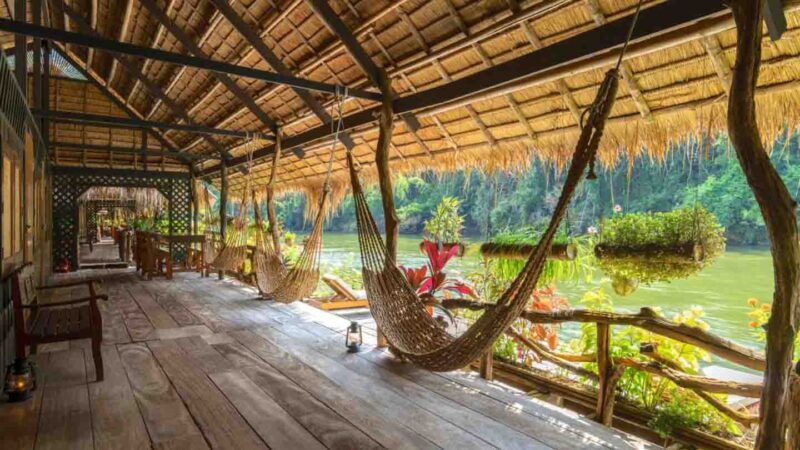 Hammock on the floating jungle raft at the River Kwai Jungle Rafts in Thailand