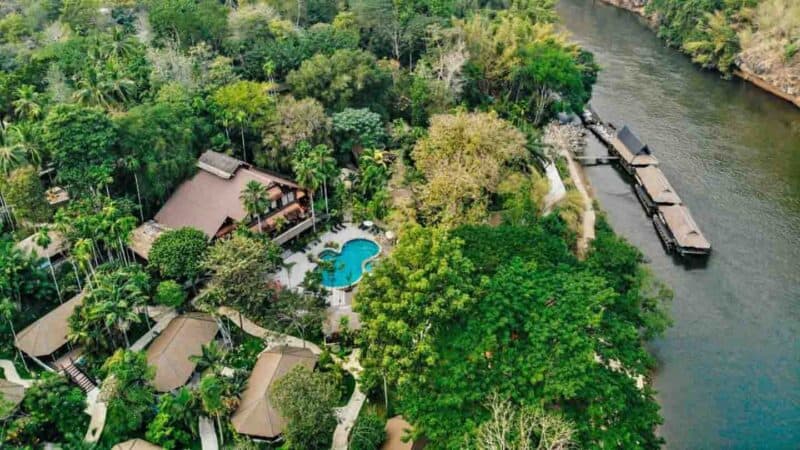 Aerial view of RIver Kwai Resotel Floating Raft Villas in Thailand