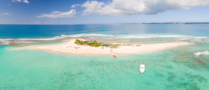 A panoramic drone photo of Sandy island at mid day