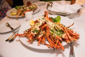 Fine dinning at Pimm's Restaurant - fresh caught crayfish in Anguilla