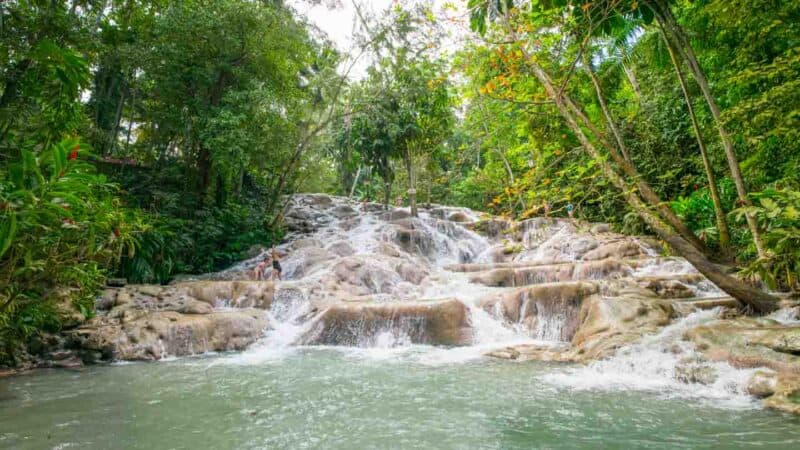 water flow down Dunn's River Falls outside of Ocho Rios in Jamaica