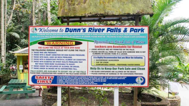A Sign of rules and regulations at Dunn's River Falls Jamaica