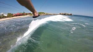 Photo of a riders foot near the end of the dragon's breath flight line in Labadee