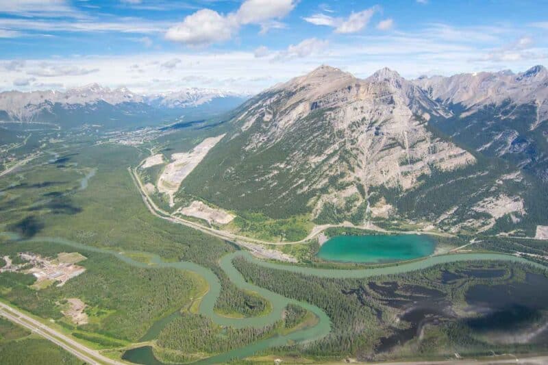 Gap Lake in Alberta Canada view from helicopter tour of Banff National Park