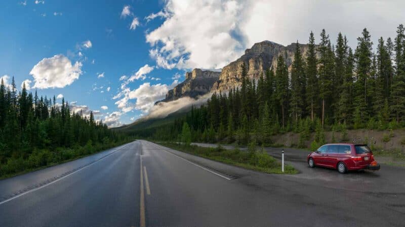 Cameprvan on the side of the road on the Icefields Parkway while Driving to Alaska