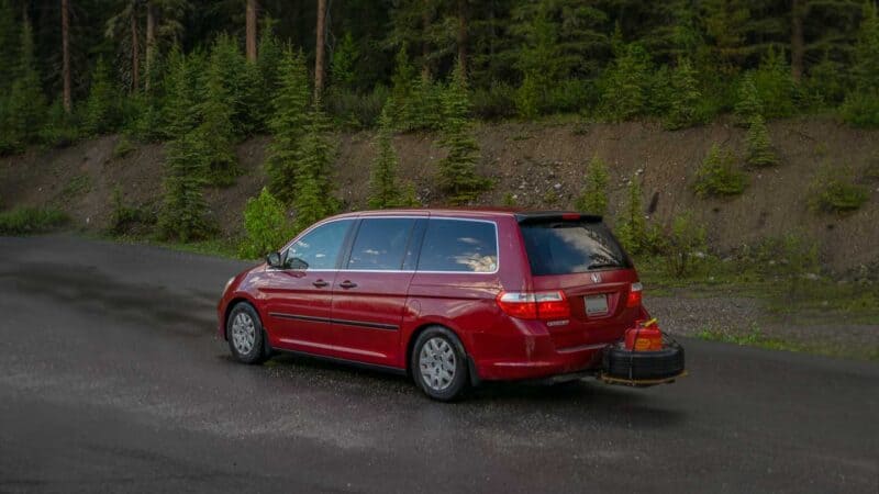 Campervan with extra spare tire and spare jerry can of gasoline for the drive to Alaska