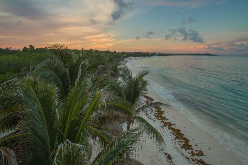 sunset over palm trees at Grand Palladium Riviera Maya