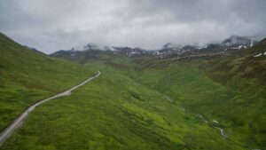 The road to Hatcher Pass with mist over the mountains