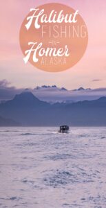 pinterest pin for fishing in Homer Alaska - fishing boat in Homer at sunrise