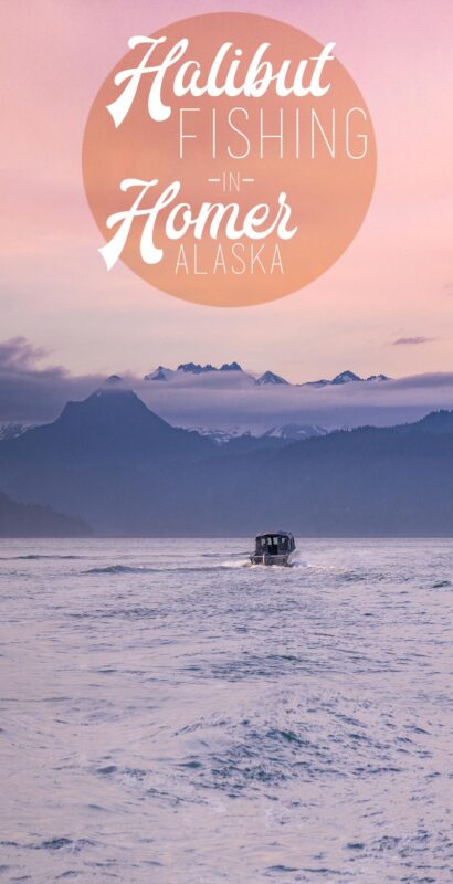pinterest pin for fishing in Homer Alaska - fishing boat in Homer at sunrise