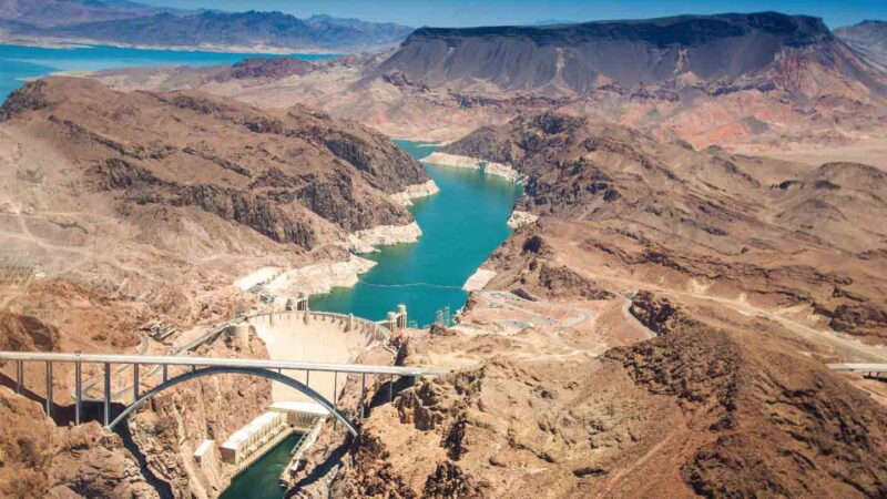 view of the Hoover Dam from a Grand Canyon helicopter tour.