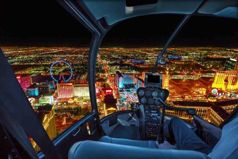 2024 Cheap Las Vegas Helicopter Tours Compared 2 view from inside a helicopter flight over Las Vegas Strip at night