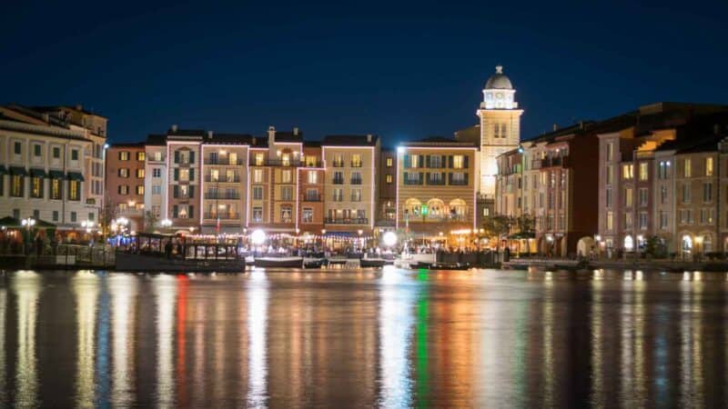 Night photo of the Portofino Hotel at Universal Orlando during Harbor Nights event