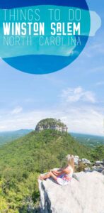 pinterest pin for things to do in winston salem - woman at pilot mountain in north carolina