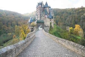 Empty Cobblestone Bridge of Burg Eltz Castle in Germany