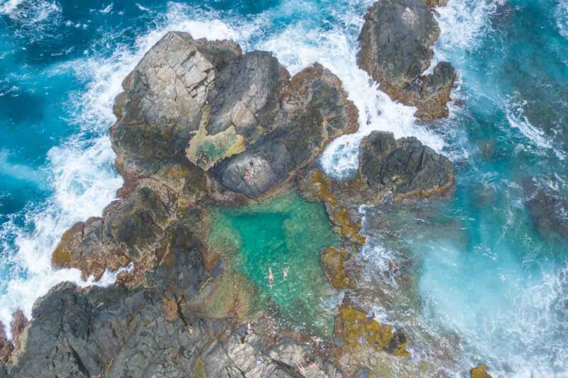 Drone photo looking down into the Natural Pool Aruba
