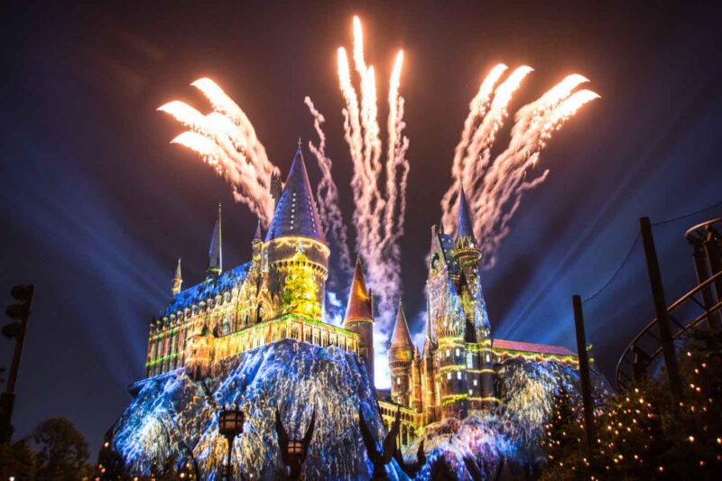 Fireworks at the end of the magic of Christmas castle show at universal orlando