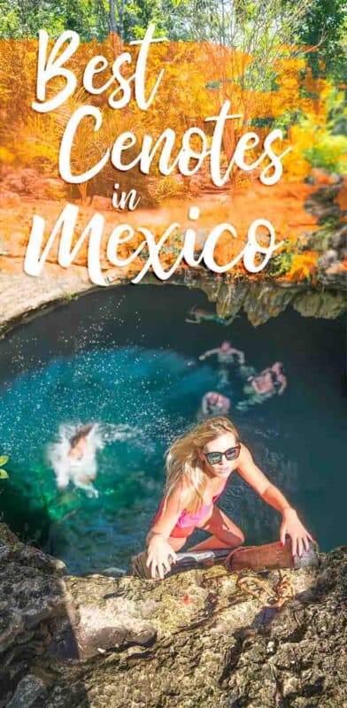 pinterest pin for best cenotes in Mexico - woman standing on a ladder at Cenote Calavera