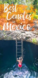 woman climbing a ladder at cenote calaveranear tulum mexico - pinterest pin for best cenotes in Tulum, Mexico